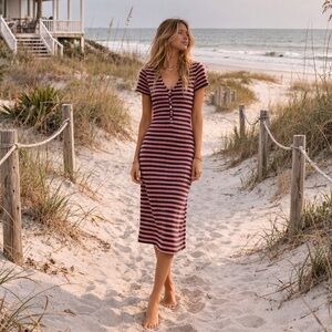 FP Beach Navy & Red Striped Midi Henley Dress S | Cotton Coastal 90s 4th Of July